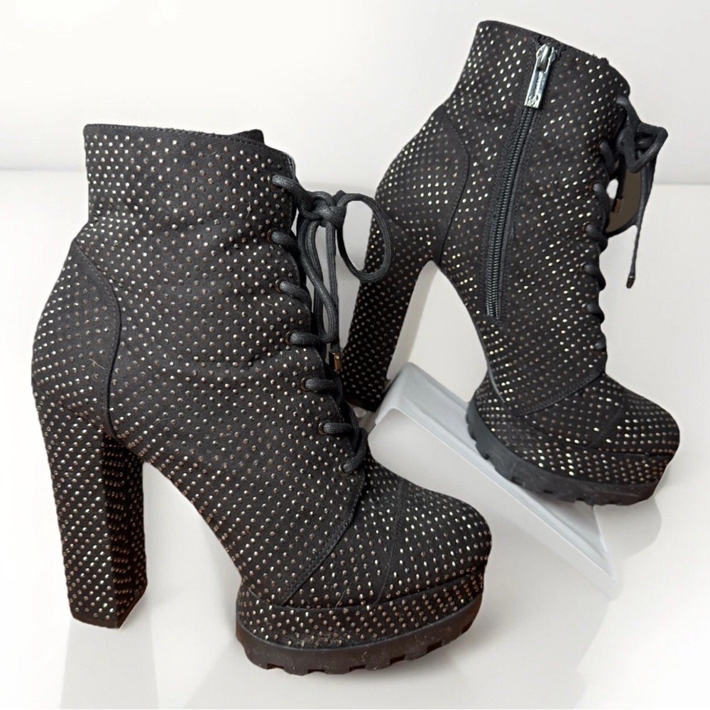 JESSICA SIMPSON Irella-2 Platform Lug Sole Black Velvet Gold Sparkle Boots Sz 9M